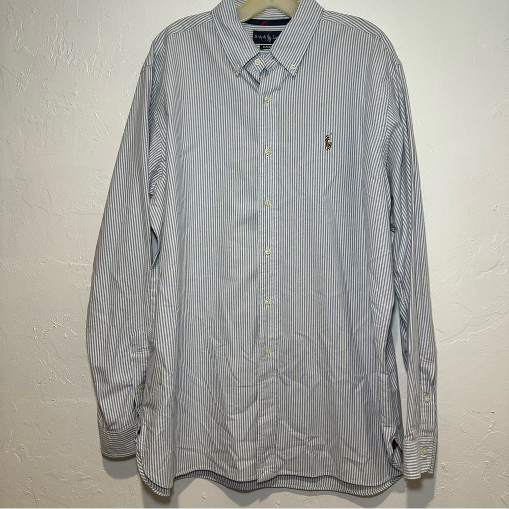 Ralph Lauren Men's White and Blue Striped Shirt